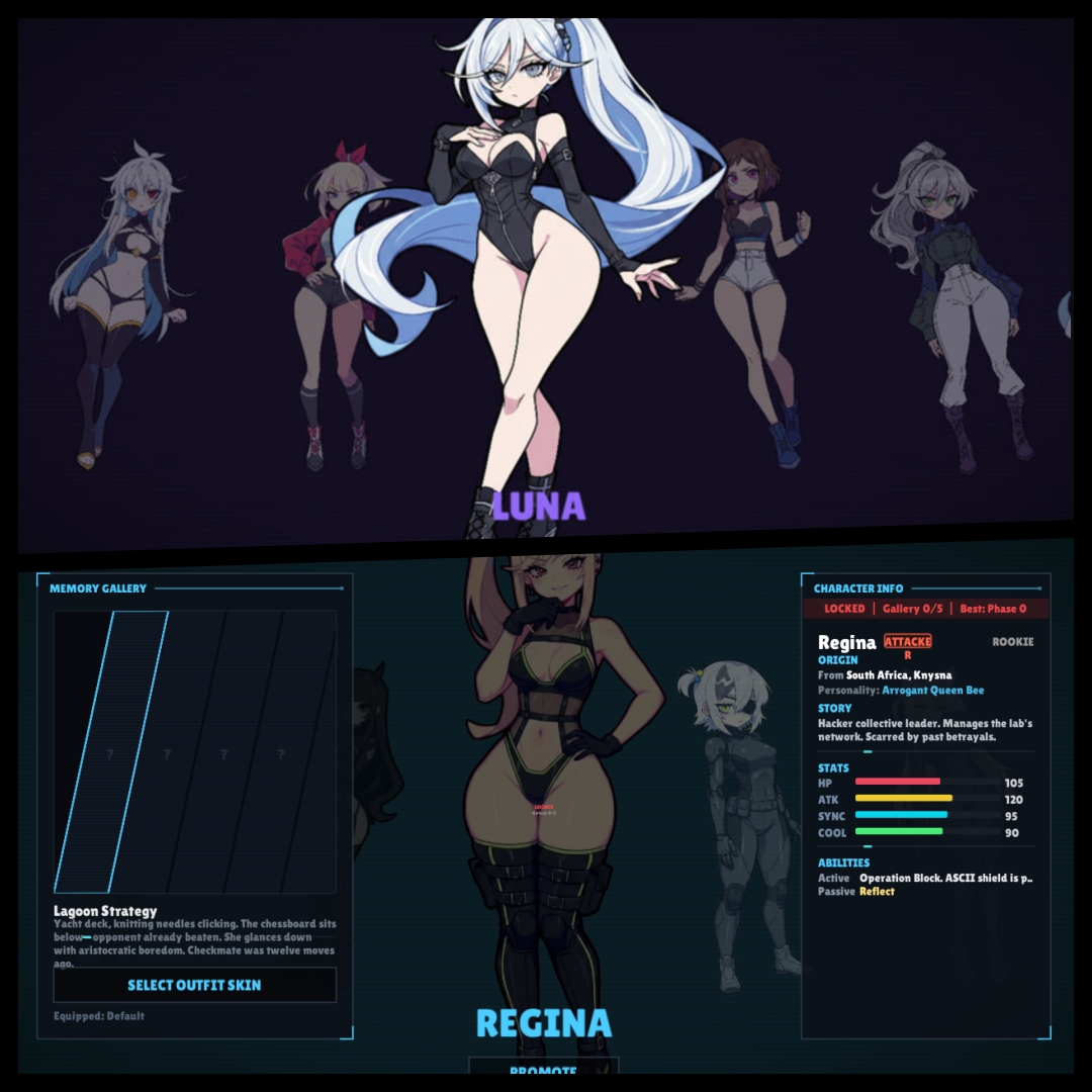 STIGMA character profiles for Luna and Regina showing stats, abilities, memory gallery and outfit skins