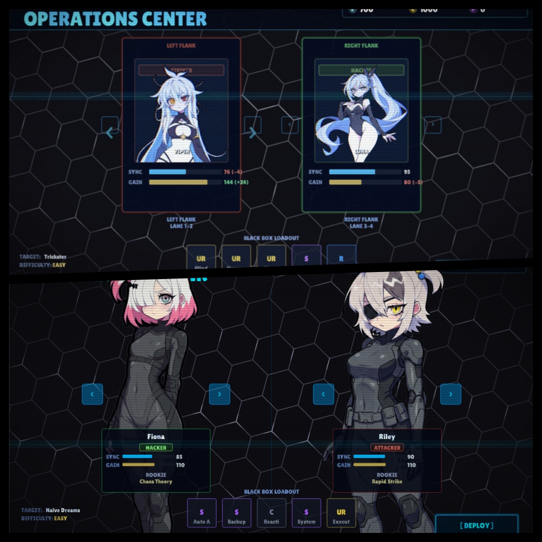 STIGMA Operations Center showing agent selection with Left and Right Flank positions, Black Box loadout, and deploy button