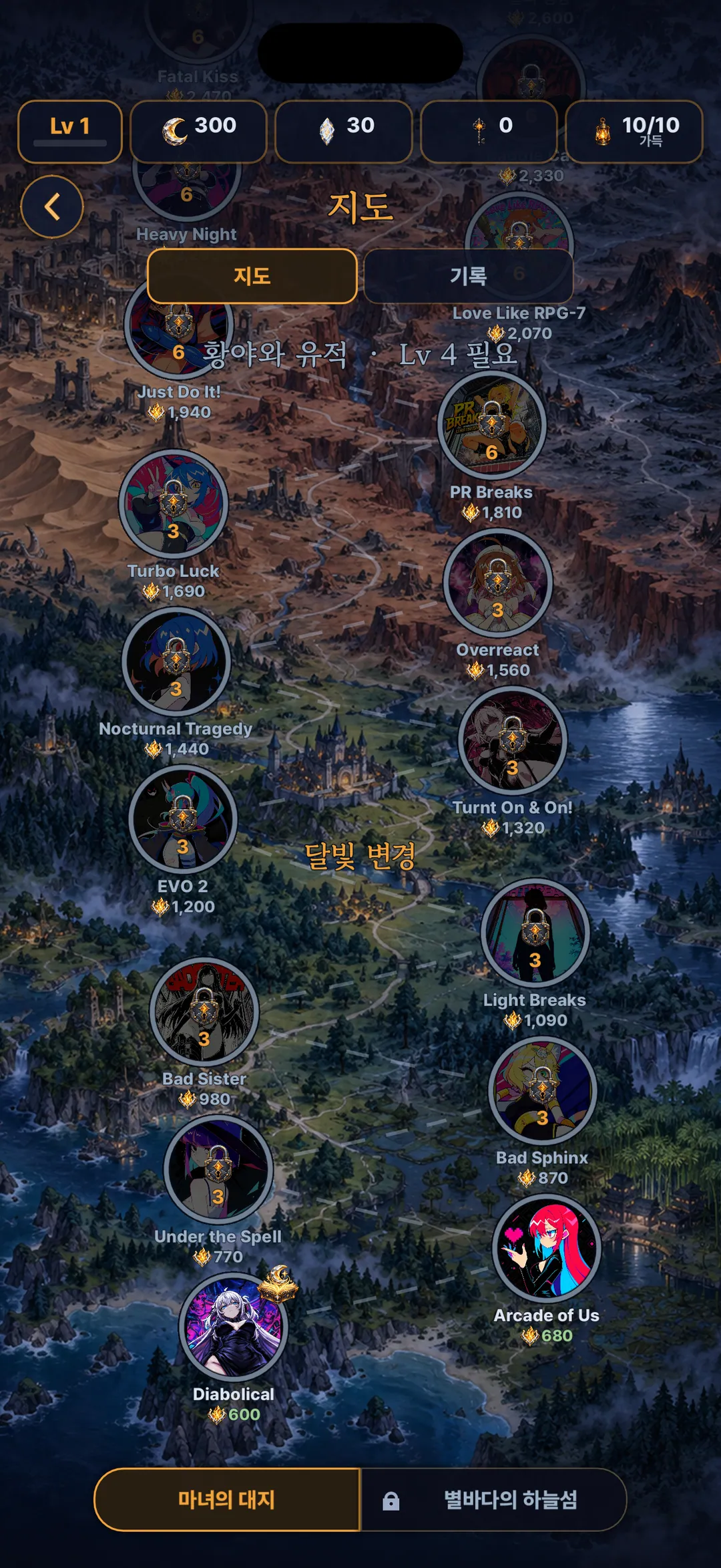 Continent map with journey nodes