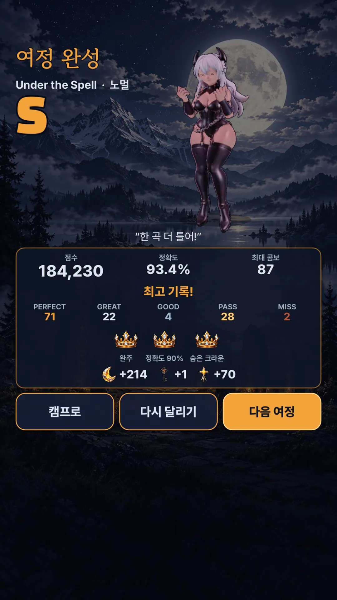 Run result with S rank and judgment breakdown